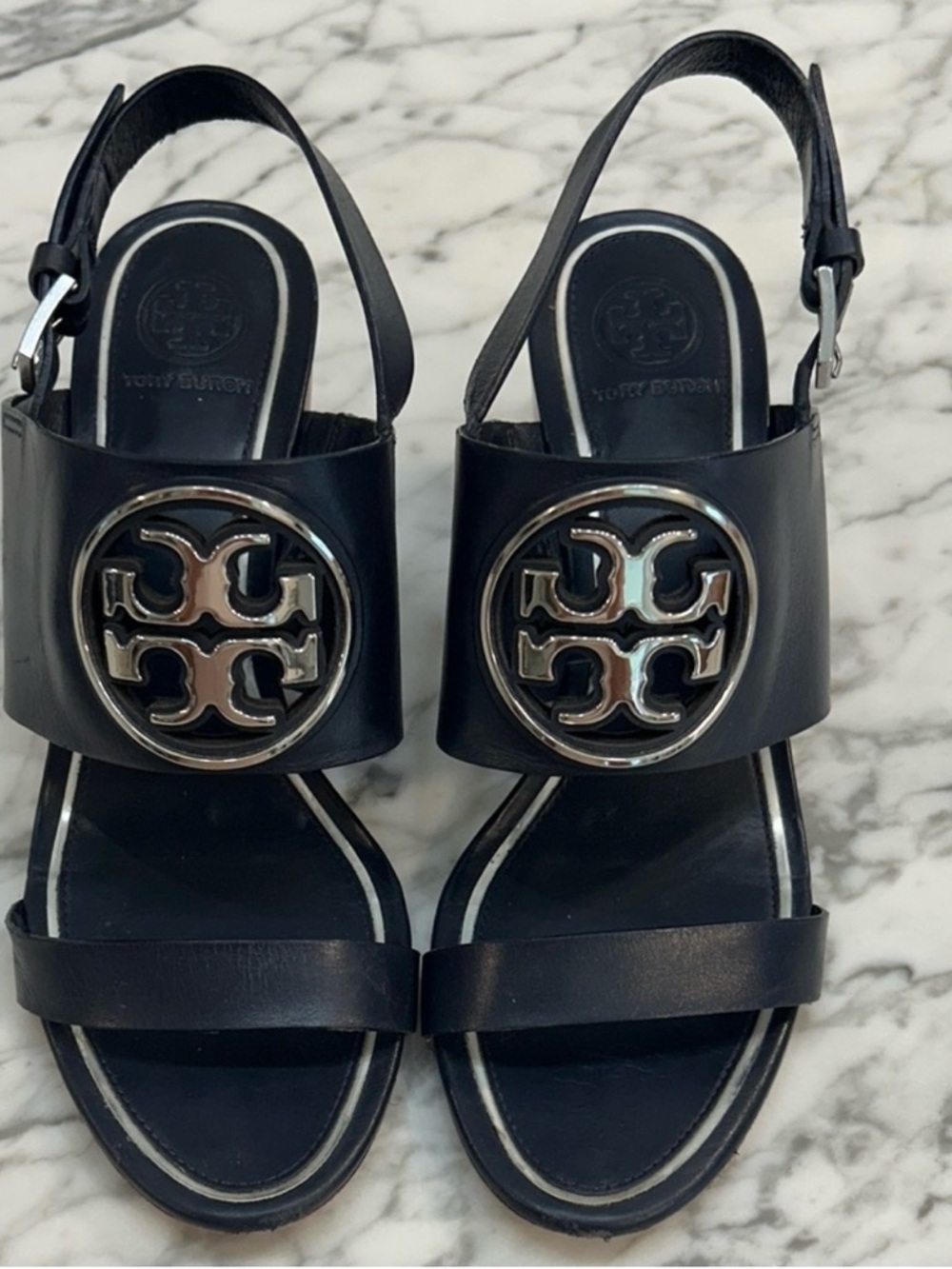 Tory Burch Navy Leather Logo Slingback Sandals with Silver Medallions